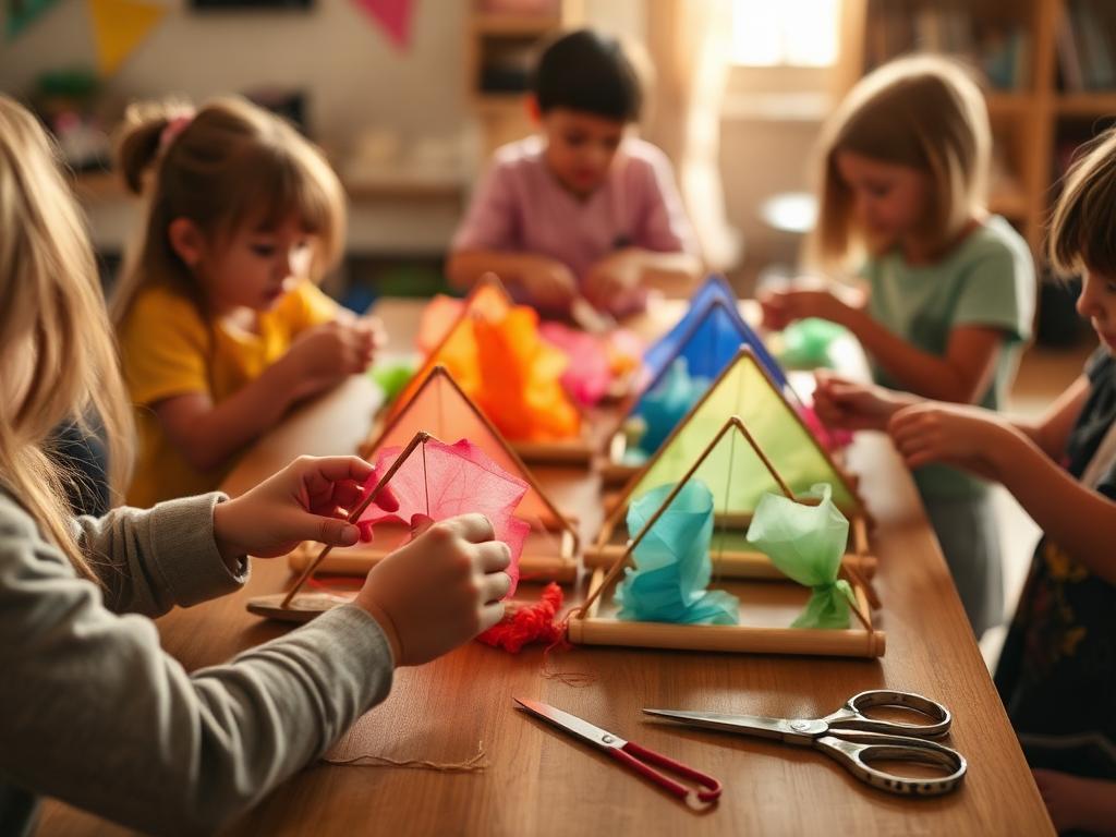 Enfants fabriquant des cerfs-volants avec du papier coloré et du bambou