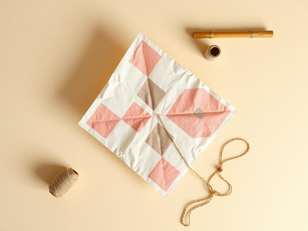 Cerf-volant en papier de soie avec motifs géométriques, bambou et fil