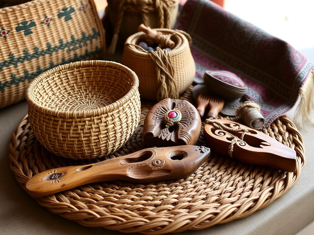 Objets artisanaux traditionnels : panier tressé, bois sculpté et textile brodé